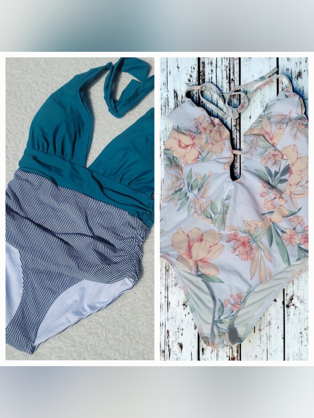 Cupshe One Piece Swimsuit Bundle Set Floral Teal Striped Size L New Without Tags